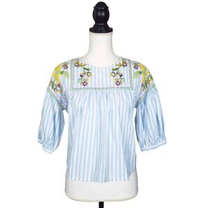 Forever 21 Blue Striped Floral Bird Embroidered Top Blouse Size Small